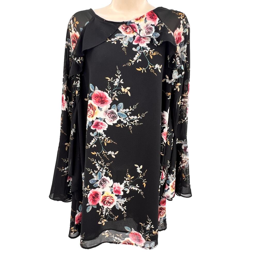 Umgee Dress Women MED Black‎ Floral Ruffle Sheer Overlay Romantic Feminine Sweet
